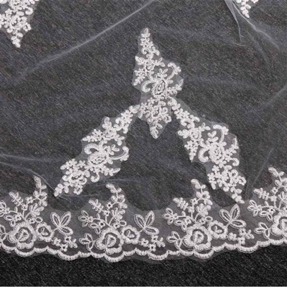 Women's Applique Bride Wedding Veil Long Chapel Length 1 Tier Bridal Veil Hair - Picture 4 of 7